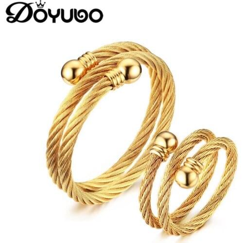 DOYUBO Hot Sale Stainless Steel Bangle & Ring Jewelry Sets For Women / Men Gold Color Torsion Wire Bracelets & Ring Sets DD070
