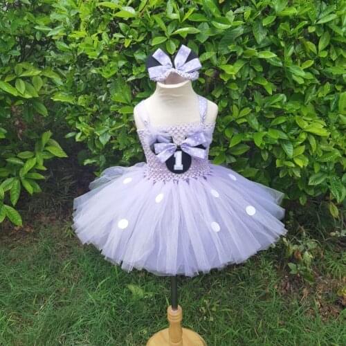 Girls Purple Mickey Tutu Dress Baby Fluffy Ballet Dress with Dots Bow and Headband Kids Birthday Party Costume Cartoon Dresses