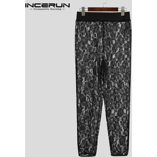 INCERUN 2021 Spring Man Sexy Elastic Waist See Through Bottoms Men Fashion Transparent Thin Pants Leisure Lace Mesh Trousers 5XL