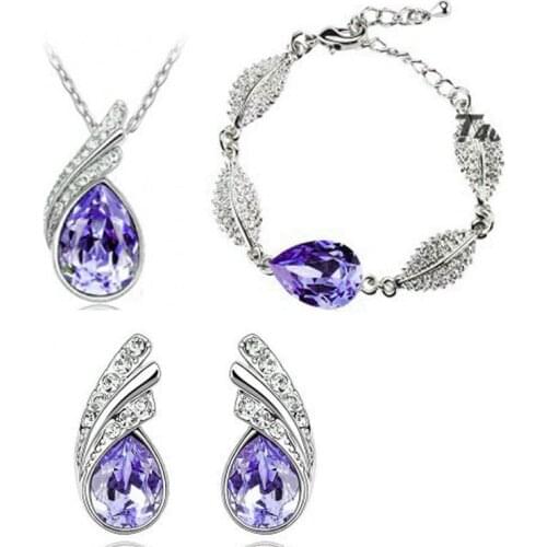 Beautiful drop Austrian purple crystal wedding jewelry set, womens 925 sterling silver necklace earrings bracelet set gift