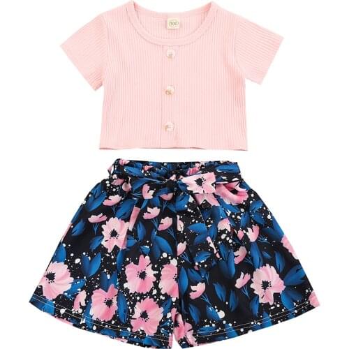 Girl Clothes Set Summer 2PCS Short Sleeve T-shirt Tops Floral Printed Bow Shorts Suit Girl Outfits Baby Children Clothing