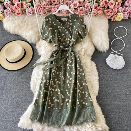 Summer V-neck Floral Print Chiffon Dress Women Short Sleeve Belt Slim Lace Splice Midi Dress Female A-line Party Dress Vestidos