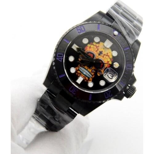 40MM Fashion Skull Dial Luminous Mark NH35A Watch Sapphire Mirror Black Stainless Steel Case Mens Automatic Mechanical Watch