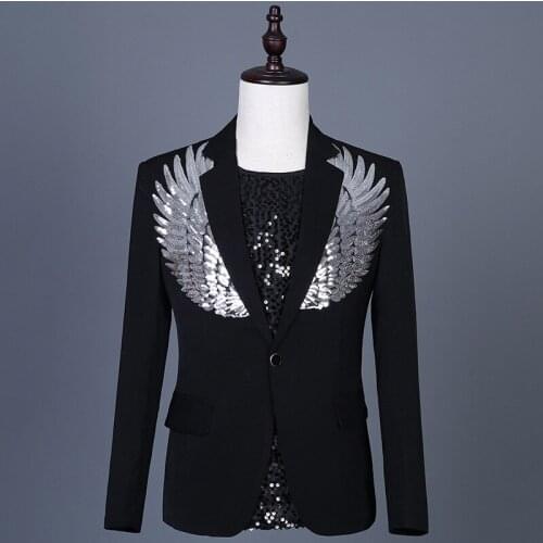 Mens Casual Black Suit Jacket Night Club Party DJ Singer Costume Rivet Blazer Sequined Silver Clothes Designer Brand
