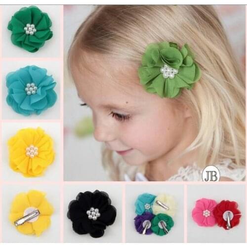 New High Quality Handmade Hand Sewing Pearl Chiffon Flower Clip Childrens Headgear Accessories Flowers YH508