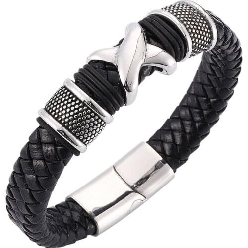 New Fashion Black Braided Leather Bracelet Men Jewelry X Shape Stainless Steel Magnetic Buckle Male Wristband Bangles Gifts