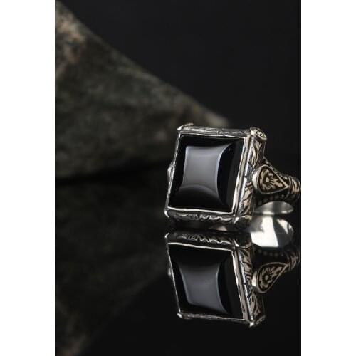 Black Zircon 925 Silver Engraved Traditional Handmade Turkish Signet Ring Jewelry Gift for Women Men