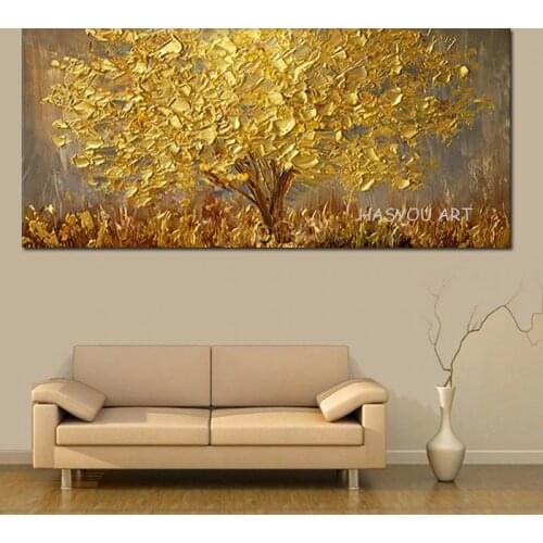 Hand-painted Knife Golden Tree Streetscape Oil Painting On Canvas AbstractScenery Pictures Wall Art Street Landscape Paintings