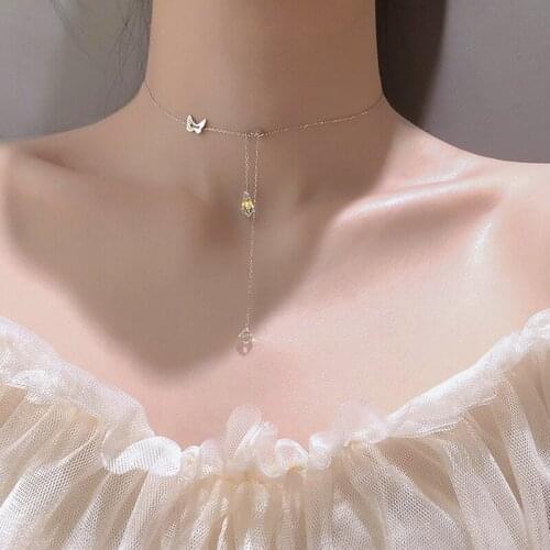 S925 3Pcs/Lot Butterfly water drop tassel necklace sweet and fresh forest design sense niche Fashion Necklaces