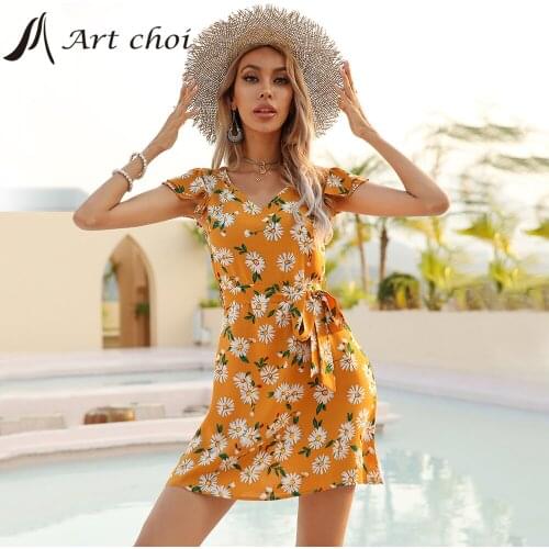 Summer Slim Mini Ruffles Daisy Dress Floral Skirt Women Beach Sweet Sundress Vestido Boho Party Belt Bodycon Dresses