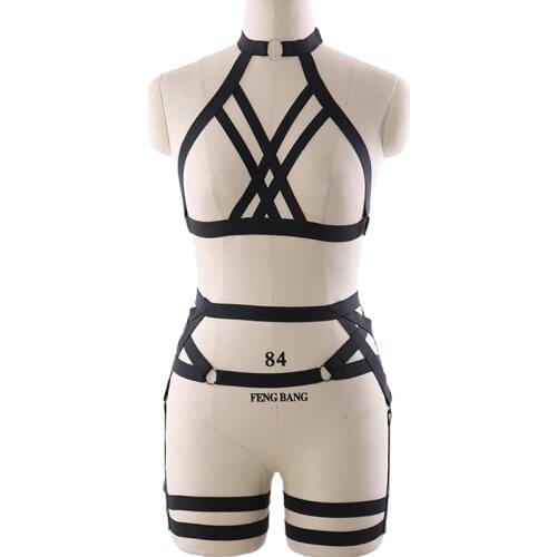Sexy Lingerie Body Harness Set Pole Dance Top Cage Bra Pastel Goth Leg Pentagram Garter Belt Rave Fetish Bondage Harness