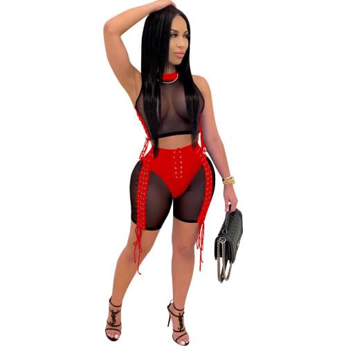 Zoctuo Women Lace Up Sexy Tracksuit Two Piece Set Mesh See Though Patchwork Tops and Shorts Suit Club Party Fitness Outfits