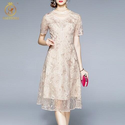 SMTHMA New 2021 Women Summer Fashion Runway Midi Dress Short Sleeve High Waist Slim Mesh Embroidery Dresses Vestidos