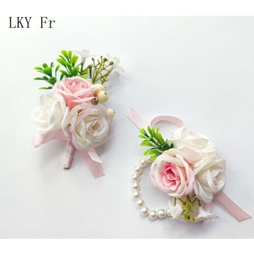 LKY Fr Wedding Boutonnieres Pin Wrist Corsage Bracelet Bridesmaid Brooch Flowers Artificial Rose Groom Suits Wedding Accessories