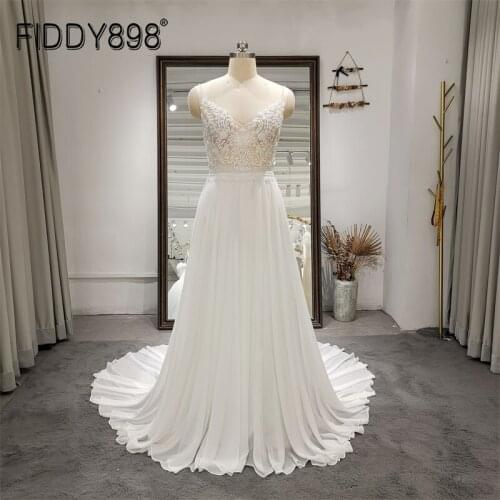 FIDDY898 Wedding Dress Bride Gown for Women Lace Boho Bridal Dresses Vestidos De Novia Strap White V neck Natural Waist