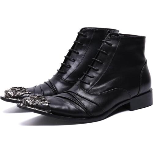 Western Cowboy Ankle Boots Men Casual Genuine Leather Boots Mens Pointed Toe Laces Career Work Show Short Boots Big yards 45 46