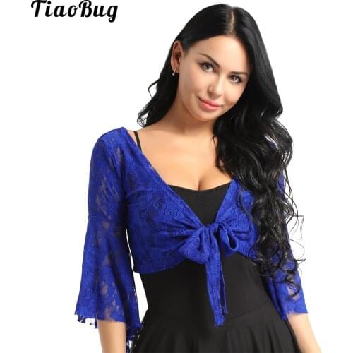 TiaoBug Womens Long Flare Sleeve Belly Dance Lace Top Shrug Fashion Cover Up Open Front Cardigan Wraps