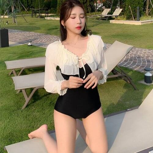 Women Summer Bathing Suit One Piece Vintage Monokini Off Shoulder Flouching Swimsuit Long Sleeves Swimwear 2021 Newest