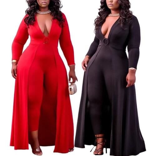Adogirl Plus Size Sexy Deep V Neck Jumpsuit Dress for Women Autumn Winter Long Sleeve Bodycon One Piece Elegant Night Party Wear