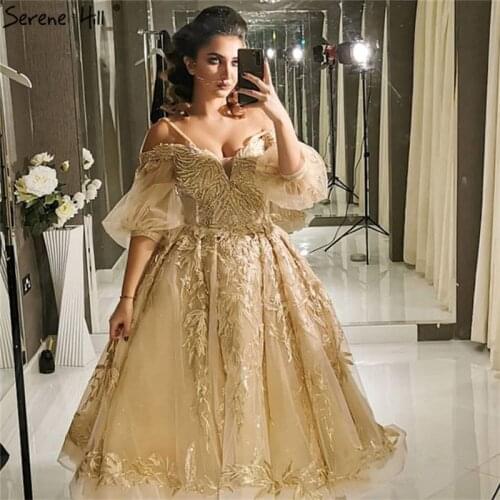 Gold Off Shouler Half Sleeves Evening Dresses 2021 Handmade Flowers Sequins Sexy Formal Dresses Serene Hill LA70293
