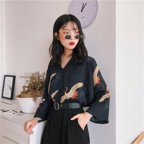 Womens Blouses Clothes Japan Kawaii Ladies Retro Summer Style Vintage Crane Blouse Female Punk Harajuku Cute Tunic For Women