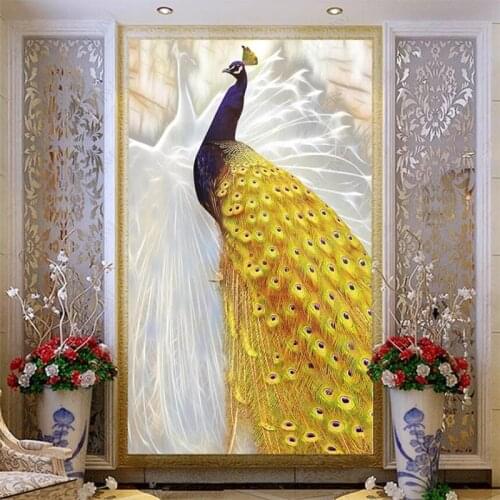 Wellyu Customized large wall painter with wings flying white yellow peacock Chinese porch background wall wallpaper