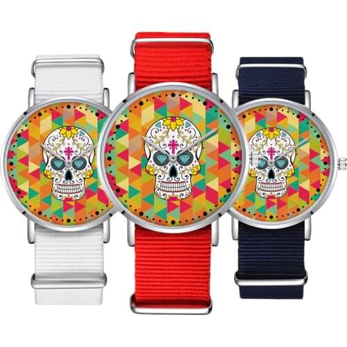 Fashion trend Skull personality skull Fresh flowers Ms Men personality student Casual Nylon strap Couple Quartz Watch Watch gift