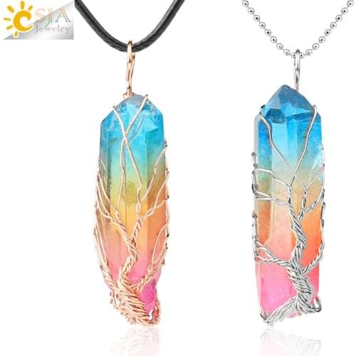 CSJA Colorful Irregular Natural Stone Crystal Pendant Necklace Antique Plated Wire Wrap Silver Color Tree of Life Pendants G789