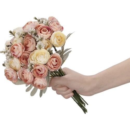 Artificial Flowers Small Tea Rose Buds Wedding Road Lead Bouquet Fake Roses Bunch Home Decoration Display Floral