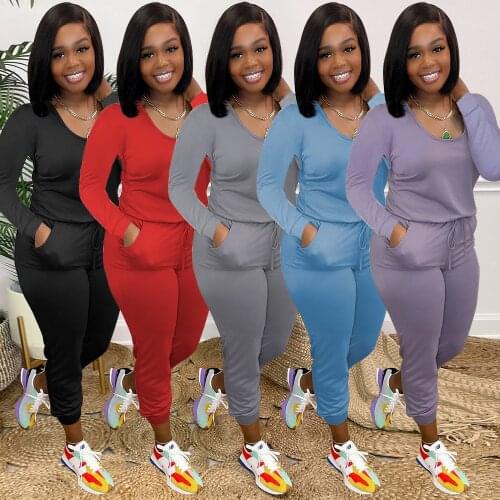 Autumn Winter New Women Long Sleeve Jumpsuit Solid Color Casual Slim Drawstring High Waist O-neck Pocket Elegant Pencil Overalls