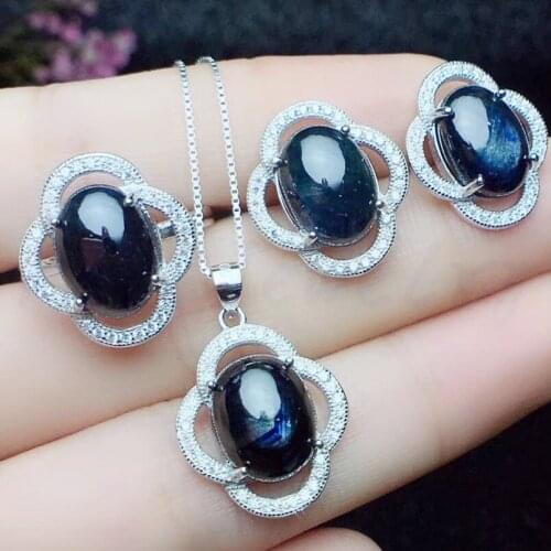 Natural sapphire set Free shipping 925 sterling silver 1pc pendant,1pc ring,1pair stud earring 3.5ct*4pcs gemstone #R98151