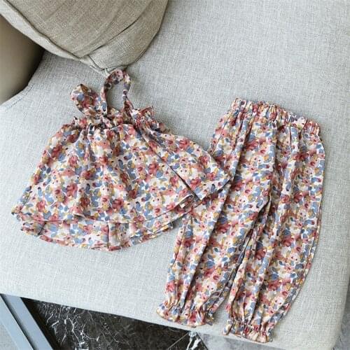 1-7Yrs Toddler Girls Clothing Sets Summer floral printing Strap shirt+long pants chiffon clothes for Kids Clothing Children suit