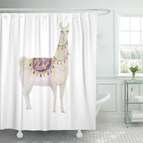Cute Watercolor Painting White Llama Alpaca America Shower Curtain Waterproof Polyester Fabric 72 x 72 inches Set with Hooks