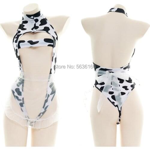 Cute girl Sexy Lolita Girl Cows Sleepwear Transparent Nets Yarn Apron Nightwear Cosplay Private Bodysuit Swimwear
