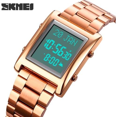 Muslim Azan Clock Watch for Prayer with Qibla Compass Adhan Alarm Hijri Calendar Islamic Al Harameen Fajr SKMEI Montre Homme