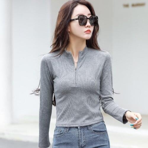 2021 New Fashion Autumn Ribbing stretch zipper half-open collar long-sleeved T-shirt womenslim bottoming top