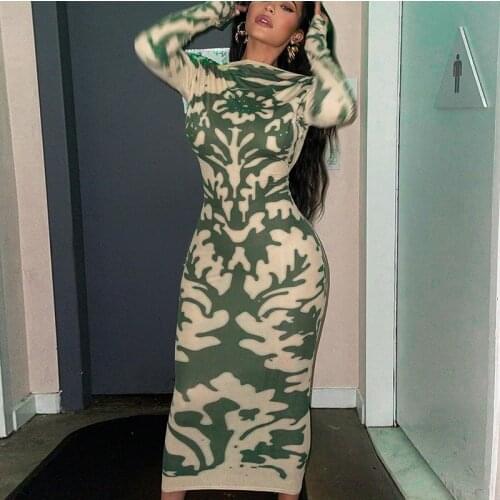 Autumn Women Printed Backless Long Dress Long Sleeve O-neck High Waist Dress for Spring Fall New