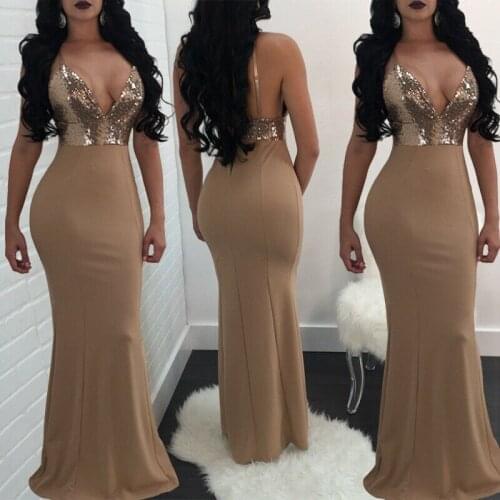 Sexy Womens Halter Deep V Neck Maxi Sequin Dress Clubwear Evening Cocktail Backless Dress Bodycom Party Costume Long Dresses