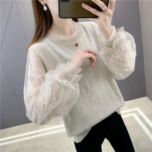 2021 Sale Room 197593 10 Row 3 Lower] Real Shot Round Neck Spring Dress Stitching Lace Mesh Sleeve T-shirt 48