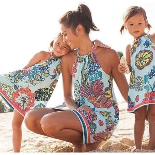 Family Matching Mother Daughter Clothes Women Kids Girls Floral Beach Mini Dress Family Look Sleeveless Mommy And Me Dresses