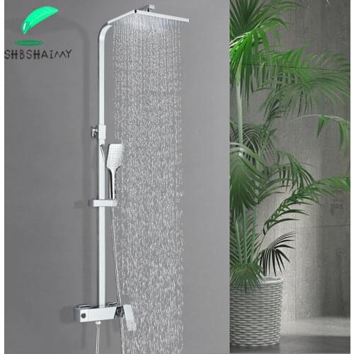 SHBSHAIMY Chrome Brass Bathroom Shower Faucet Wall Mounted Shower Set Rotation Square Rainfall Showerhead Hot and Cold Water