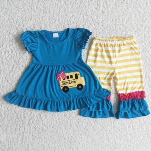 Back to school baby girl puff sleeve school bus embroidery pattern blue blouse striped red lace pants girl boutique clothing