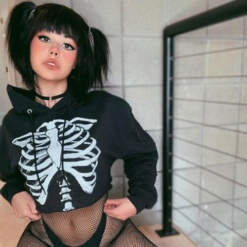 Skeleton Graphics Print Loose Gothic Punk Sweatshirt Harajuku Y2K Streetwear Vintage Casual Women Sexy Crop Top Pullover Hooded
