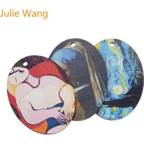 Julie Wang 3PCS Oval Famous Oil Painting Charms Wood 30*40mm Pendant Bracelet Necklace Jewelry Making Accessory