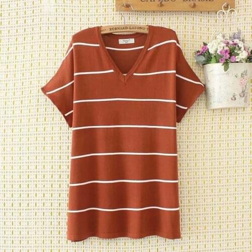 Plus size striped knitted women T-shirt 2021 fashion summer t shirt drop-shoulder sleeve V Neck ladies tee shirt femme