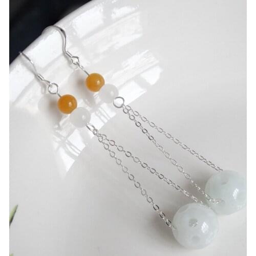 925 Silver Natural Emerald Jade Hollow Bead Earrings Accessories DIY Woman Charm Jewellery Fashion Hand-Carved Luck Amulet Gifts