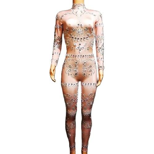Long Sleeve Sparkly Diamond Women Jumpsuit Backless Spandex Tight Stretch Nude Bodysuit DJ Singer Stage Wear Pole Dance Costume