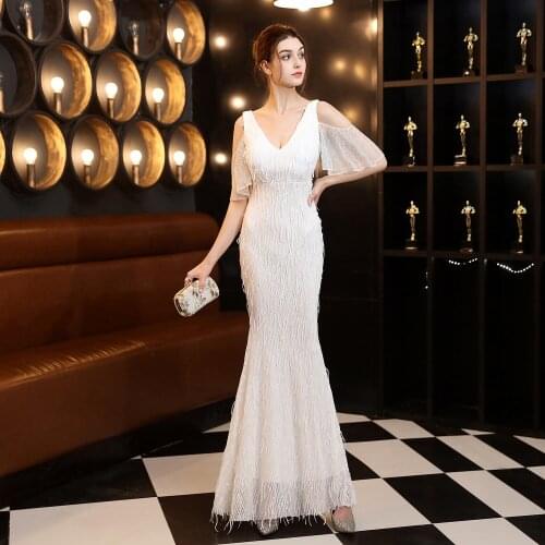 Beauty-Emily Elegant Long Mermaid Evening Dresses Tassel Beading Prom Gowns Sequins Party Dress For Woman Luxury 2020 Vestido