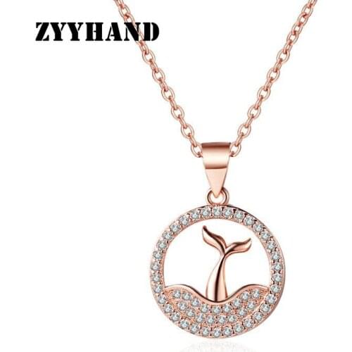 Rose-Gold Cross Chain Fishtail Zircon Necklace Woman Clean Stone Mermaid Lady Romantic Wedding Girl Neck Jewelry