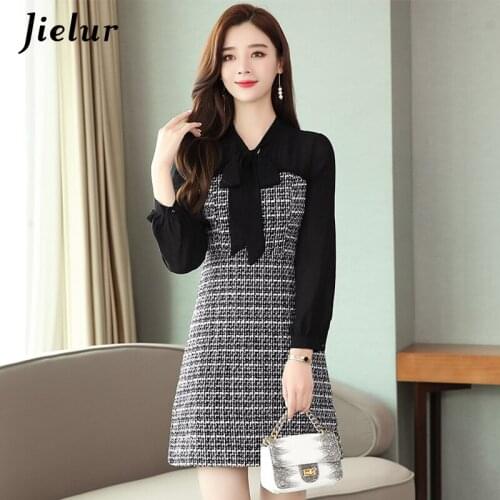 Jielur Plaid Women Dress Chiffon Patchwork Long Sleeve Chic Mini Dresses Bow A-line Robe Femme Elegant OL Autumn Dress